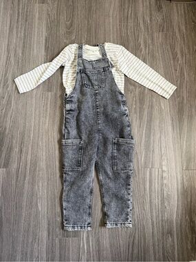 H&M Black & White Striped Top with Acid-Wash Denim Overalls